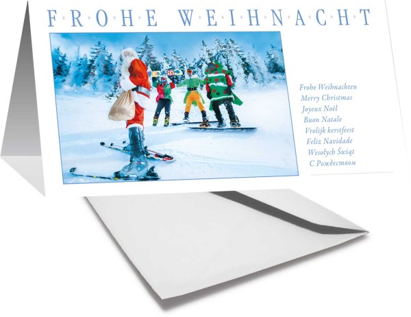 Grußkarte FROHE WEIHNACHTEN - Weihnachtsmann auf Ski - mehrsprachig